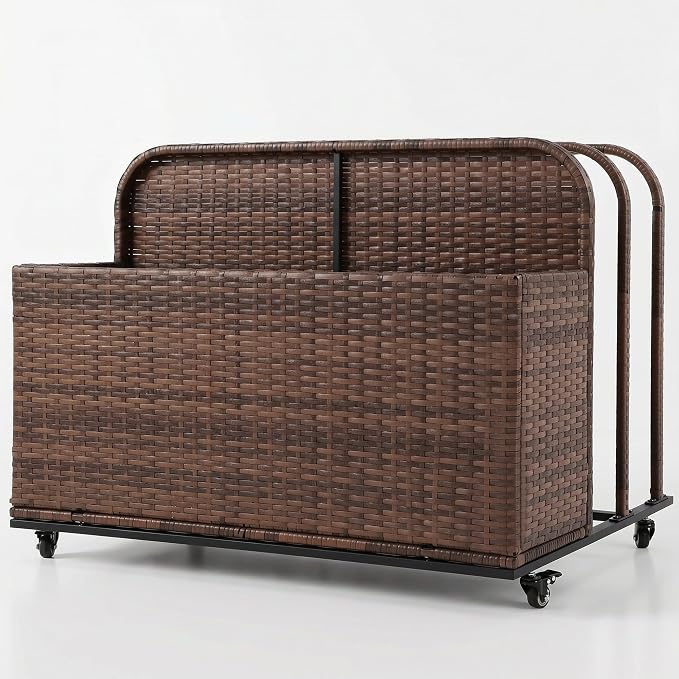 Rattan Outdoor Pool Float Storage Basket, Rolling Toy Caddy with Wheels, Patio Furniture Organizer Wicker Box Pool Storage Bin for Floaties, Noodles, Life Vests, Beach Balls