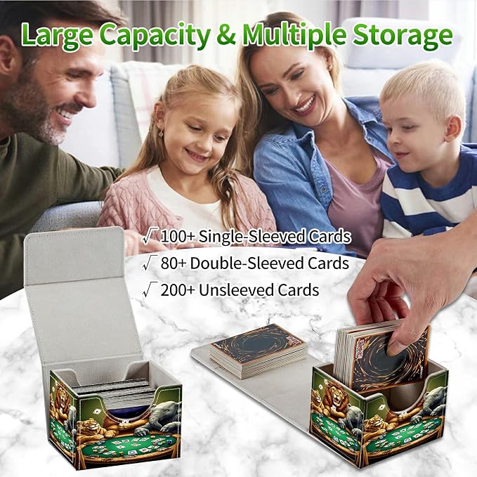 Card Deck Box for MTG, Cards Storage Box Fits 120+ Sleeved, Leather Small Size Strong Magnetic Closing Card Case for Board Games Magic TCG CCG Baseball Collection, Elephant Lion