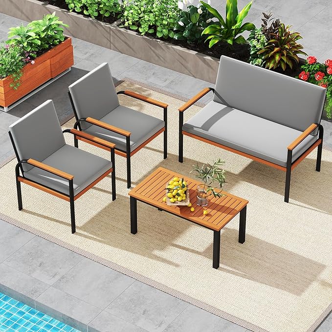 Tangkula 4 Pieces Patio Furniture Set, Outdoor Conversation Set with Acacia Wood Coffee Table, Cushioned Loveseat & 2 Single Armrest Chairs, for Porch, Garden, Backyard, Poolside