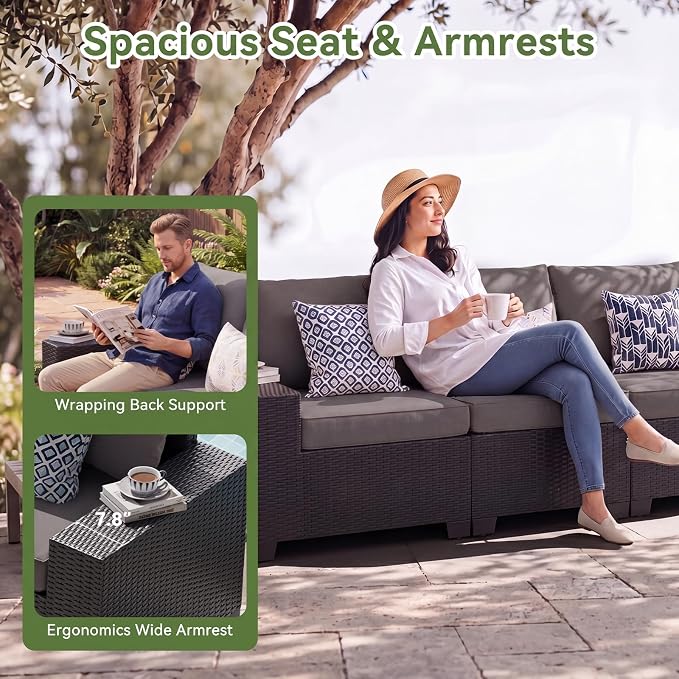 LazySunsets 9 PCS Patio Furniture Set, Outdoor Sectional All-Weather Wicker Conversation Set with Swivel Rocker Chairs, 4'' Thick Cushions for Backyard Poolside(Crey/Black)