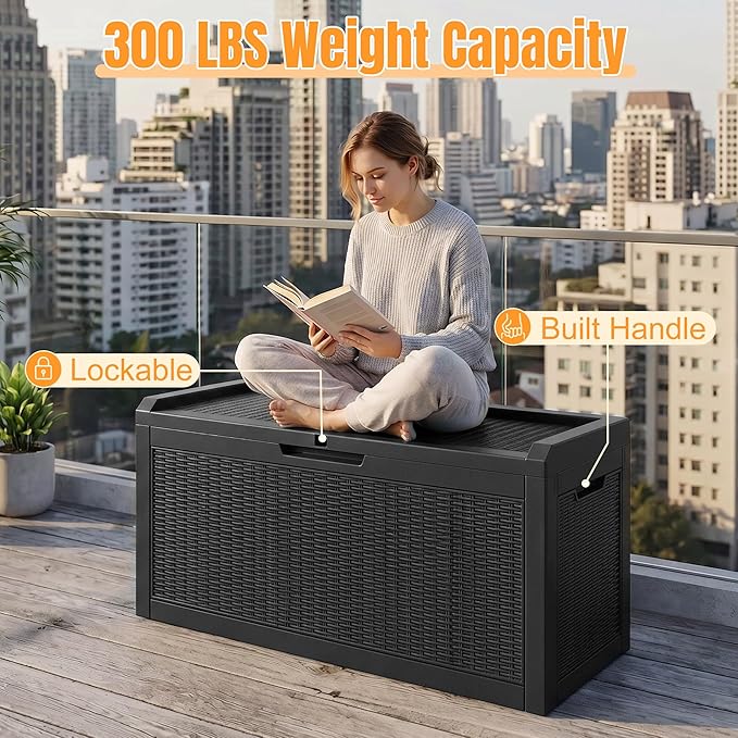 Outdoor Storage Box,95 Gallon Resin Deck Box,Waterproof & UV Resistant Lockable Package Delivery Bin,Toy Cabinet for Indoor & Outdoor