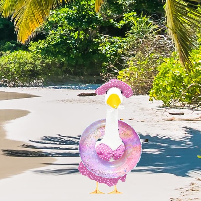 Porch Goose Summer Outfit, Purple, 23'' Lawn Statue | Bikini Hawaiian Outfit, Hat & Sunglasses Included, Swimming Ring Included, For Cement or Plastic Goose