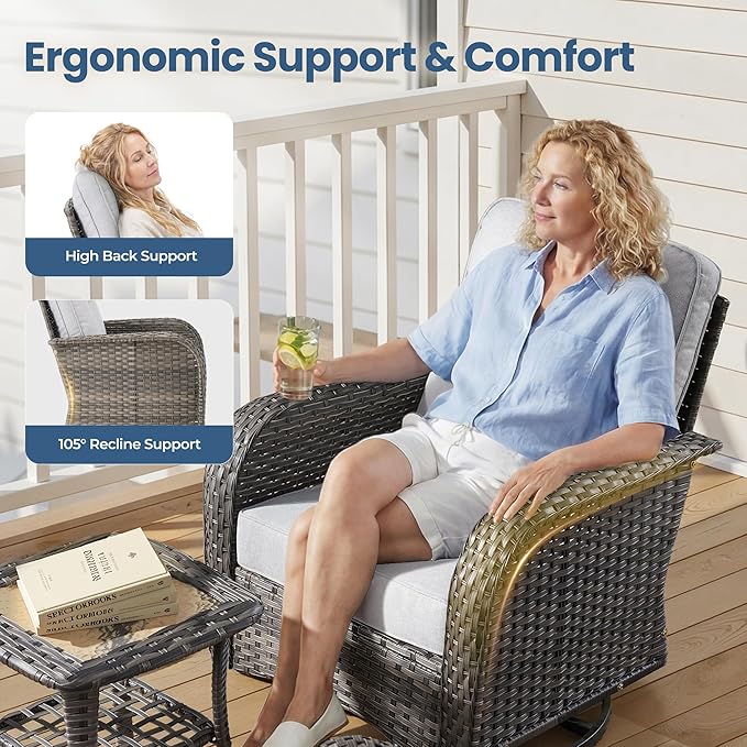 7 Piece Wicker Patio Furniture Set with Swivel Rocker Chairs, Gray | High Back Rocking Chair Sofa, Heavy Duty All Weather Rattan Outdoor Conversation Set, Thick Cushion, Balcony Porch Backyard