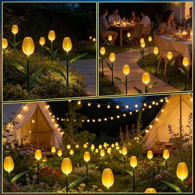Outdoor Solar Lights Waterproof - 6PACKS Brighter Tulip Flowers with Garden Gifts Stake Lights Decor,Yard Decorations,Artificial Flower Gifts for Mom,Party,Home,Cemetery Grave Decor Yellow