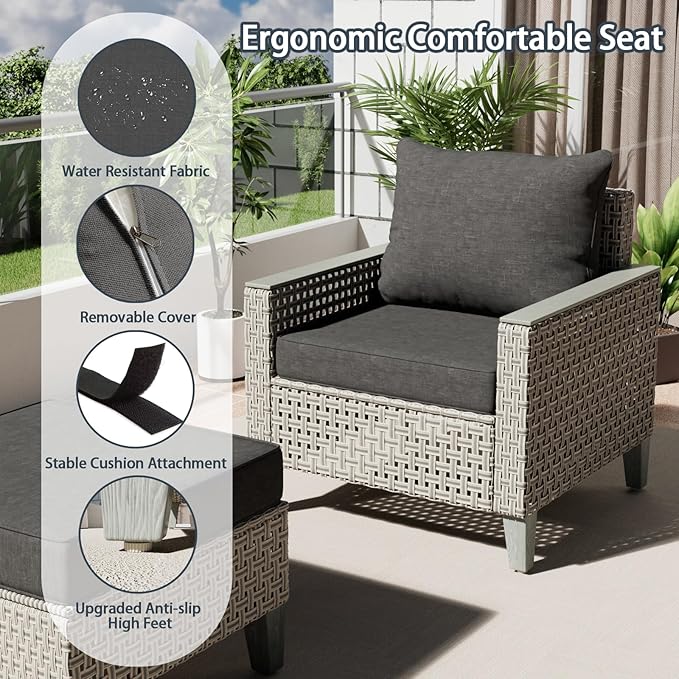 Outdoor Patio Furniture Set with Rattan Fire Pit Table 8-Piece Modular Wicker Sectional Sofa with Ottomans and Thick Cushions, Modern Rattan Outdoor Conversation Couch, Black