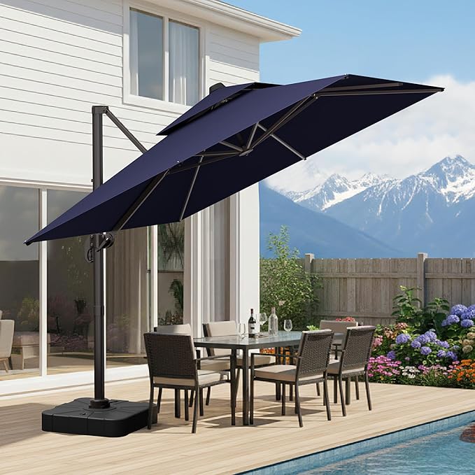 10x10 FT Patio Umbrella, Large Cantilever Double Top Heavy Duty Offset Umbrellas with 360° Rotation, Outdoor shade for Garden Deck Pool, Navy
