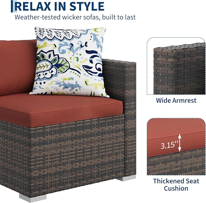 5-Piece Outdoor Sectional Sofa Set, All-Weather PE Rattan Patio Furniture with Ottoman & Tempered Glass Table, Convertible Garden Couch for Backyard, Porch, Poolside (Brown/Wine Red)