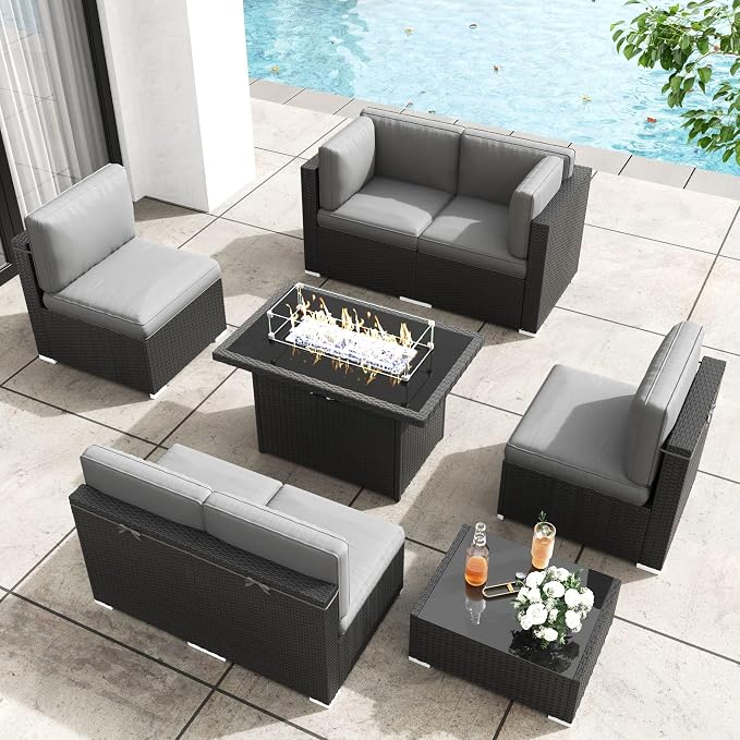 Patio Furniture Set with Fire Pit Table, 8 Pieces Outdoor All-Weather Wicker Conversation Sectional Chair Sofa Set