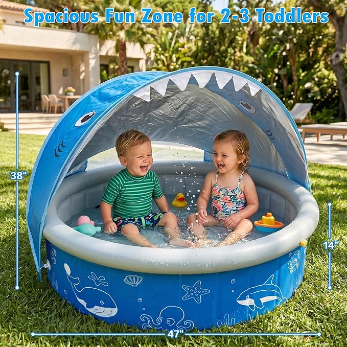 Upgraded Kiddie Baby Pool with Canopy & Sprinkler, 47in Foldable Toddler Pool with Shade, Kids Hard Plastic Swimming Wading Pool, Portable Water Play for Backyard Beach Outdoor