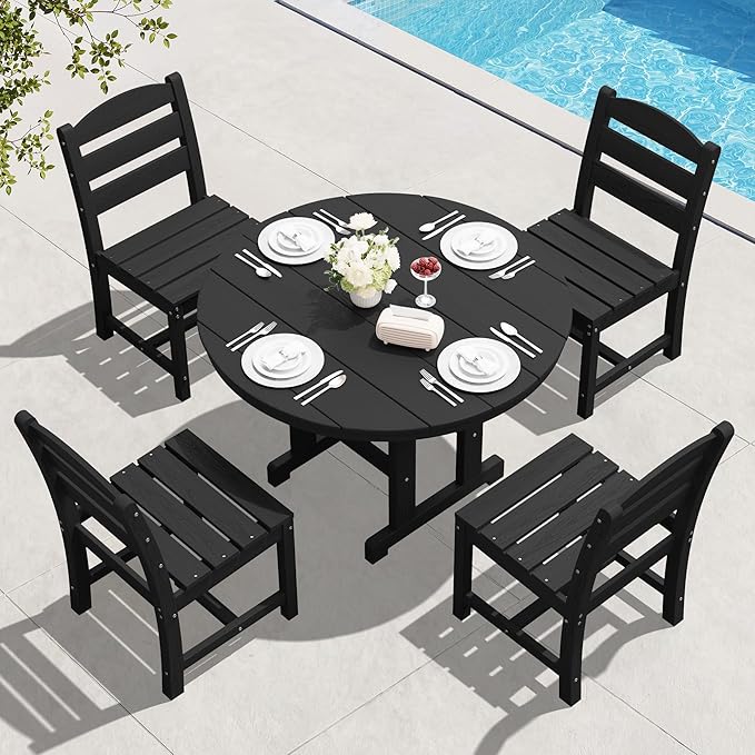 SERWALL 5-Piece Outdoor Round Dining Sets, HDPE Patio Table and Chairs Furniture Set, 45" Round Dining Table and 4 Armless Dining Chairs, Black
