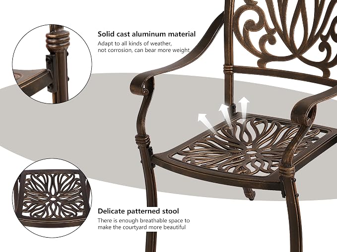 Grepatio 2 Piece Outdoor Cast Aluminum Dining Chairs, Modern Patio Bistro Chair Set of 2, Patterned Back Metal Chairs, Antique Bronze (Without Cushions)