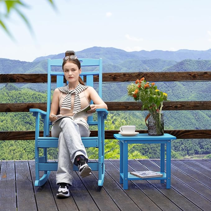 nevilywood Adirondack 2-Tier Outdoor Side Table, HDPE Weatherproof Patio End Table with Wood-Grain Finish, 250lbs Heavy Duty Small Accent Table for Balcony Backyard Poolside,Light Blue