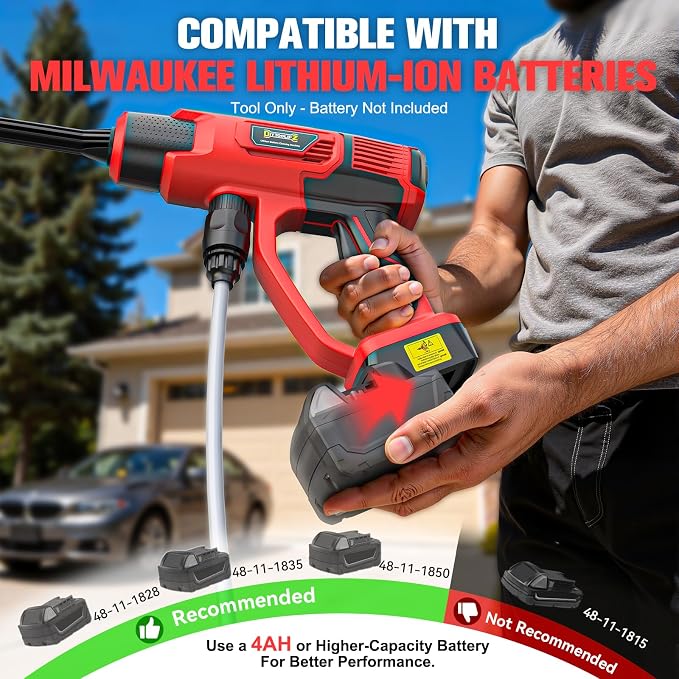 DIYtoolifz Cleaning Tool Compatible with Milwaukee 18V Battery, 2.2LBS, with 16.4ft Hose & 6-in-1 Nozzle + Attachment for Car, Patio, Fence (Battery not Included, Tool Only)