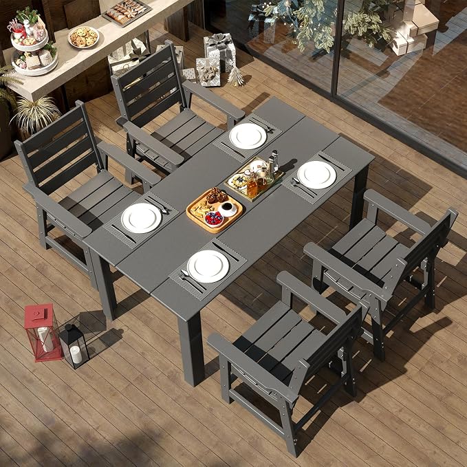 IVY&LANE Outdoor Dining Table | HDPE | 67’’ Rectangle Tables | Grey | All Weather | Umbrella Hole | Patio Furniture | for Poolside Lawn Garden Backyard