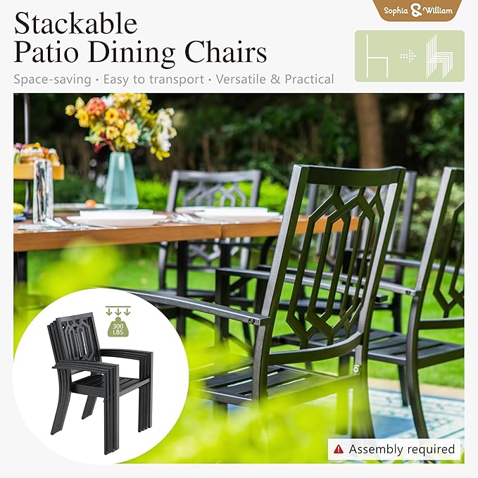 Sophia & William Patio Table and Chairs Set, Outdoor Dining Set for 6, 7 Piece Metal Patio Furniture, 60" Rectangular Table with Wood-Like Tabletop(Geometry)