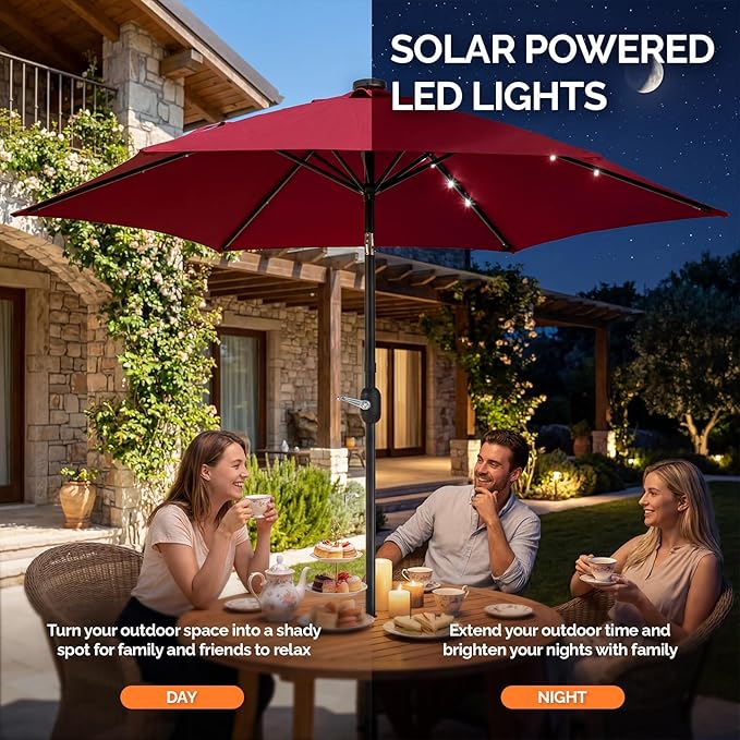 VINGLI 9FT Patio Umbrella with Solar Lights, Outdoor Umbrella with Push Button Tilt and Crank, Umbrella Outdoor Patio for Patio, Deck, Backyard, Pool