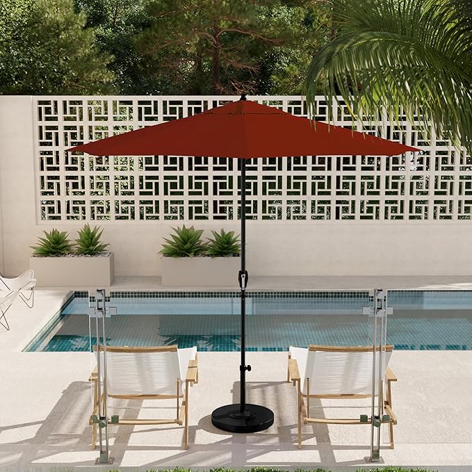 California Umbrella 12-Year Protection 9' Rd Aluminum Patio Umbrella, Crank Lift, Auto Tilt, Black Finish, Sunbrella Terracotta