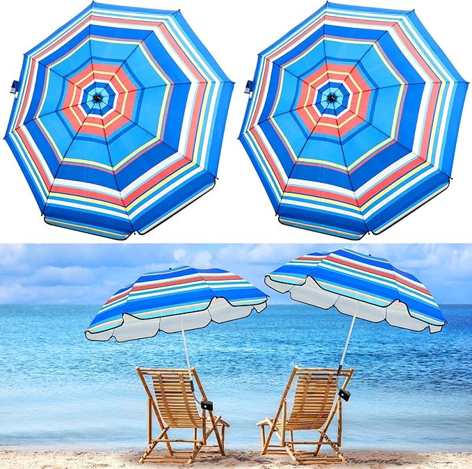 Buryeah 2 Pcs Beach Chair Umbrella Automatic with Universal Adjustable Clamp 44" UPF 50+ Portable Clamp on Beach Chair for Wheelchair Patio Golf Carts Camping