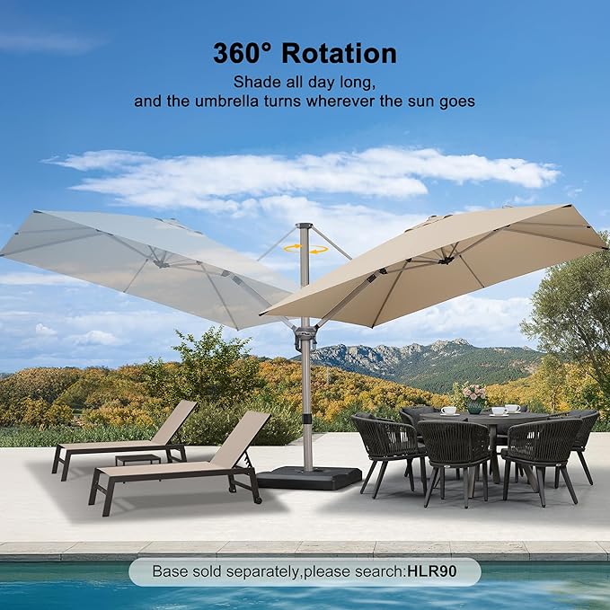 PURPLE LEAF 10’ X 10‘ Patio Umbrella Outdoor Cantilever Umbrella, Aluminum Offset Umbrella with Champagne Frame and 360° Rotation for Pool Deck Garden, Beige
