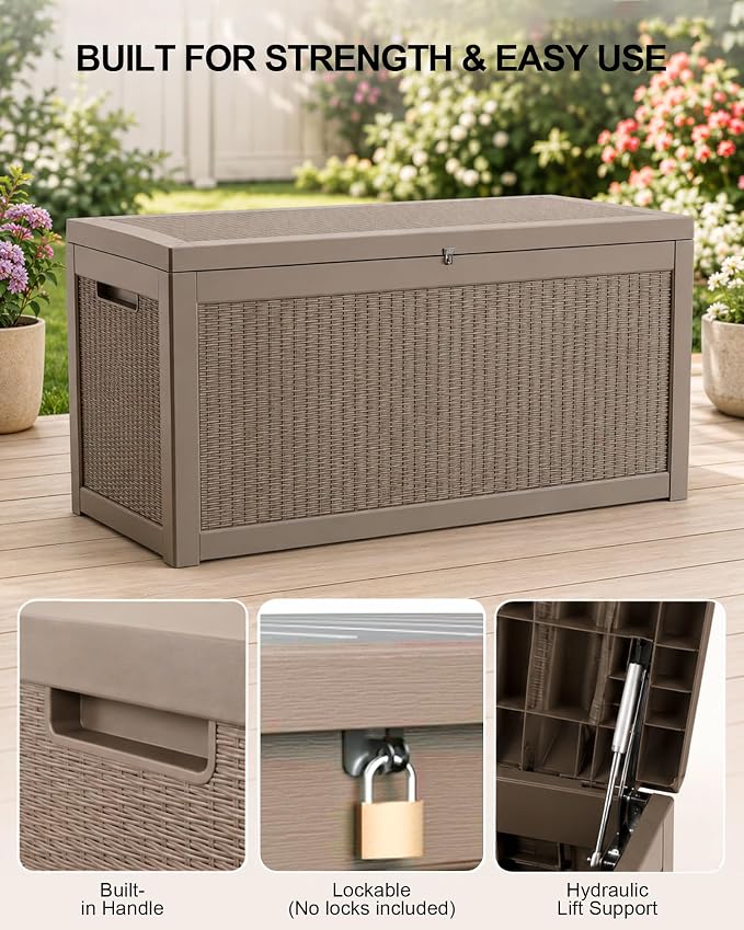MAKINO 325 Gallon Extra Large Waterproof Deck Box, Heavy Duty Resin Outdoor Storage Box, Outside Storage Bench with Hydraulic Rod for Patio/Cushions/Garden Tools/Backyard/Pool Accessories, Grey Brown