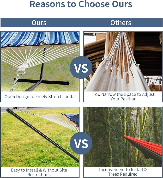 Giantex 12Ft Hammock with Stand, 2 Person Heavy-Duty Steel Hammock Stand, 450 lbs Capacity, Double Hammock Bed with Cotton Mat, Pillow, Cup Holder and Bag (Blue and Beige Striped)