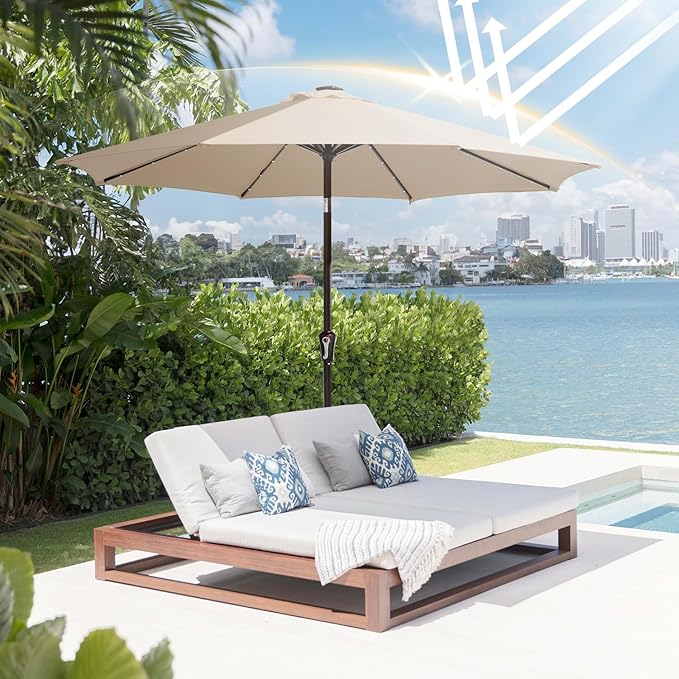 JEAREY 9ft Solar LED Lighted Patio Umbrella, Table Market Umbrella with 8 Ribs/Tilt Adjustment and Crank UV-Resistant Outdoor Umbrella for Garden, Deck, Backyard, Pool and Beach - Beige