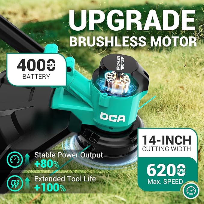 DCA 20V 14" String Trimmer Cordless, 3-in-1 Brushless Weed Eater with Auto Feed, 2-Speed Electric Grass Trimmer with Dual Safety Switch, includes 4.0Ah Battery & Charge, Shoulder Strap for Garden Tool