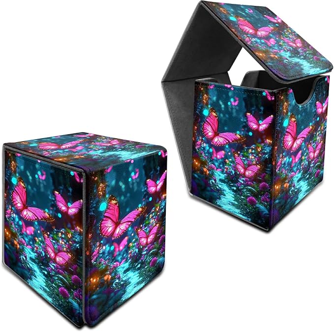 Pink Butterfly Forest Card Deck Box for MTG, Personalized Card Storage Case Fits 120+ Sleeved Cards, Premium Leather TCG Box with Strong Magnetic Closure for Magic, PTCG, Baseball Cards