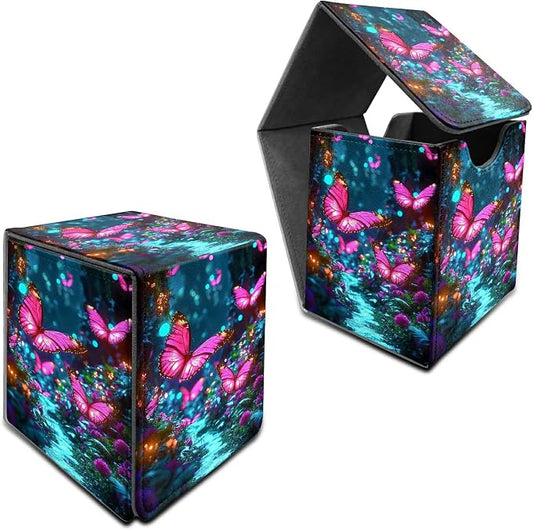 Pink Butterfly Forest Card Deck Box for MTG, Personalized Card Storage Case Fits 120+ Sleeved Cards, Premium Leather TCG Box with Strong Magnetic Closure for Magic, PTCG, Baseball Cards
