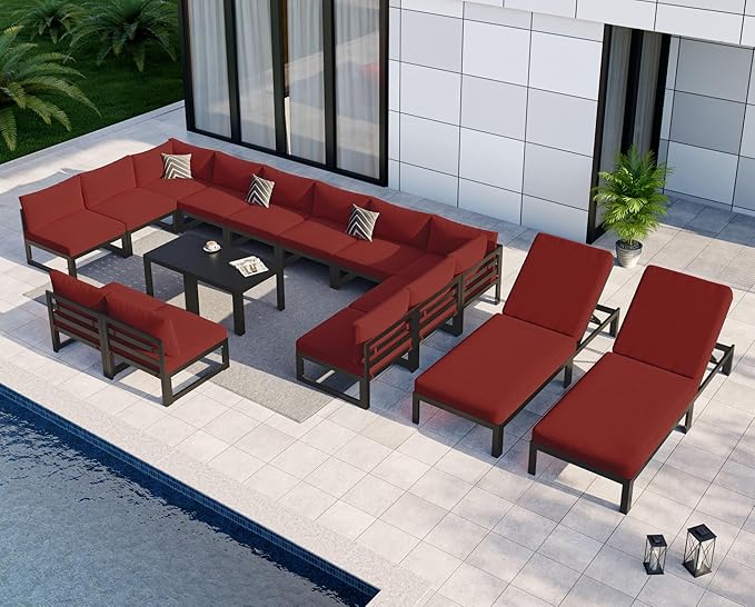 NICESOUL 16 Piece Oversized Modular Aluminum Outdoor Furniture Set with Chaise Lounge, 29" Deep and Wide Sectional Seating, 500 lbs High Weight Capacity Patio Conversation Set for Poolside, Burgundy