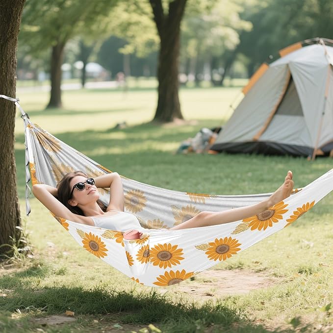 Camping Hammock Outdoor Hammocks for Outside Sunflower White Beach Trees Portable Lightweight with Pockets Tree Straps Indoor Small