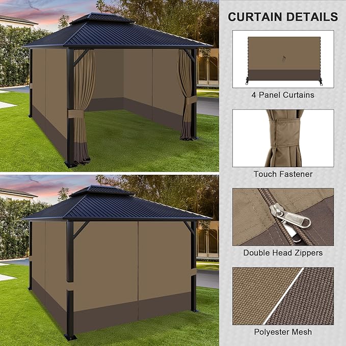 Aoodor 10x12 ft Outdoor Gazebo Curtains, 4 Panels Waterproof Privacy Sidewall Replacement with Zipper for Patio Pergola and Canopy, Light Coffee and Coffee