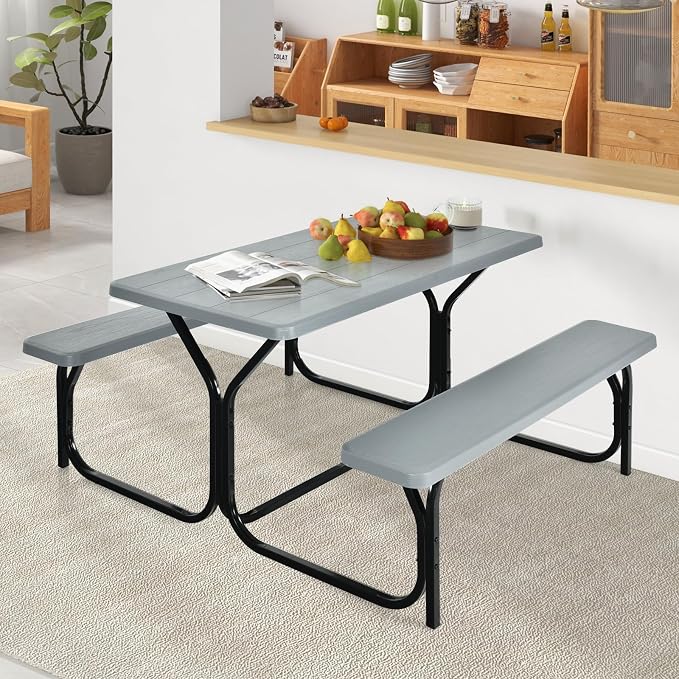 ORALNER Picnic Table, Resin Dining Table & 2 Benches Set, Weather Resistant Wood Grain Plastic Tabletop & Steel Frame, Picnic Tables for Outdoors, Porch Yard Patio Lawn Party Camping (Grey)