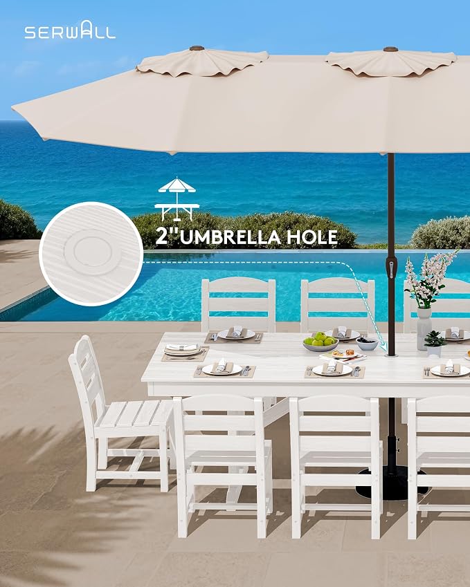 SERWALL 10 Piece Outdoor Dining Set with 15ft Triple-Head Foldable Umbrella(Based not Included), 84" HDPE Outdoor Table and Armless Chairs Set for 8, White