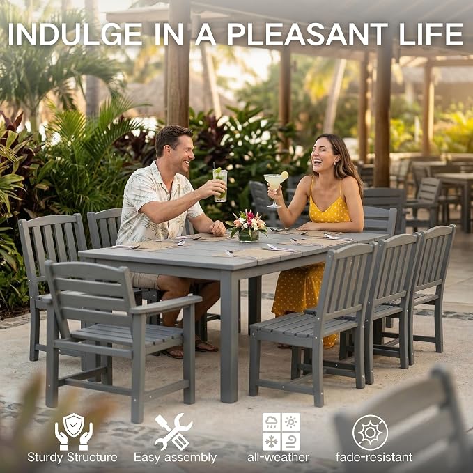 Kingdura 5 Piece Patio Dining Set for 4, 75.2'' HDPE Outdoor Dining Table Set with 2" Umbrella Hole, Weather-Resistant Outdoor Furniture, Table and Chairs Set for Backyard Pool Garden, Grey