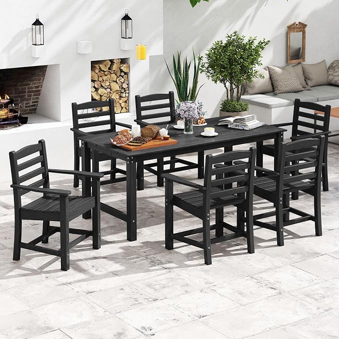 Tangkula Patio Dining Chairs Set of 2, HDPE All Weather Outdoor Chair w/Wide Armrests, Curved Seat, Wood Grain, Plastic Porch Chair for Backyard, Garden, Front Porch, Poolside (Black, 2 Chairs)