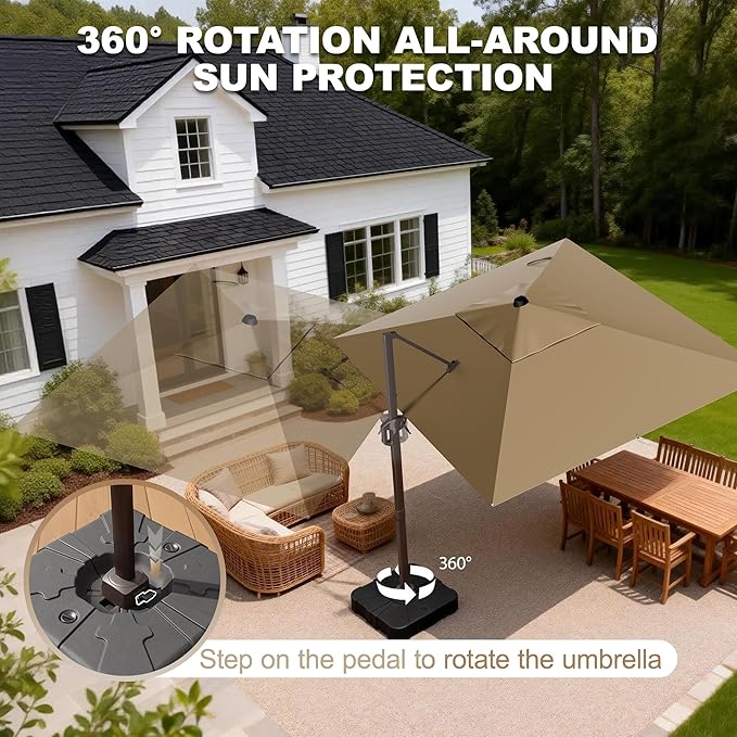 9' X 12' Cantilever Patio Umbrella Rectangle Outdoor Umbrella, 6-Level Tilt & 360° Rotation Offset Umbrella for Garden, Deck, Pool (Brown)