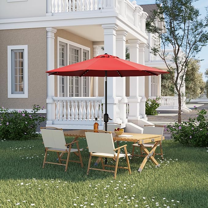 10 Ft Patio Umbrella With Solar Lights - Outdoor Table Umbrella With 40 LED Lights, Tilt Crank, 8 Ribs Market Umbrella for Pool, Deck, Backyard, Tan