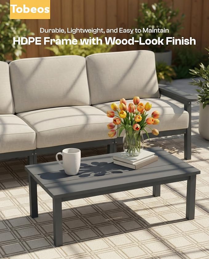 7 Piece HDPE Outdoor Furniture Set with Beige Cushions (Gray Frame) | All-Weather HDPE, Modular Design, Extra-Deep Seating, Thick Cushions, Ideal for Backyard, Deck & Porch