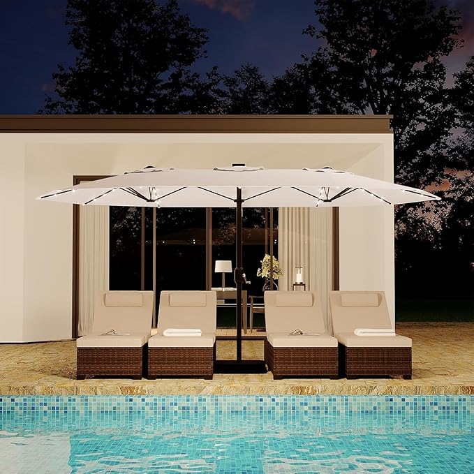 15FT Rectangular Patio Umbrella With Solar Lights & Base Included - Large Patio Umbrella With Crank Handle, UV Protection for Outdoor Market, Lawn, Backyard, Pool