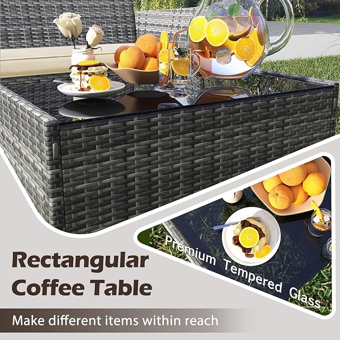 Tangkula 8 Pieces Patio Rattan Conversation Set, Outdoor Wicker Furniture Set with Cushioned Chair, Loveseat & Tempered Glass Table, Outside Sectional Sofa Set for Backyard (G-Beige,2)