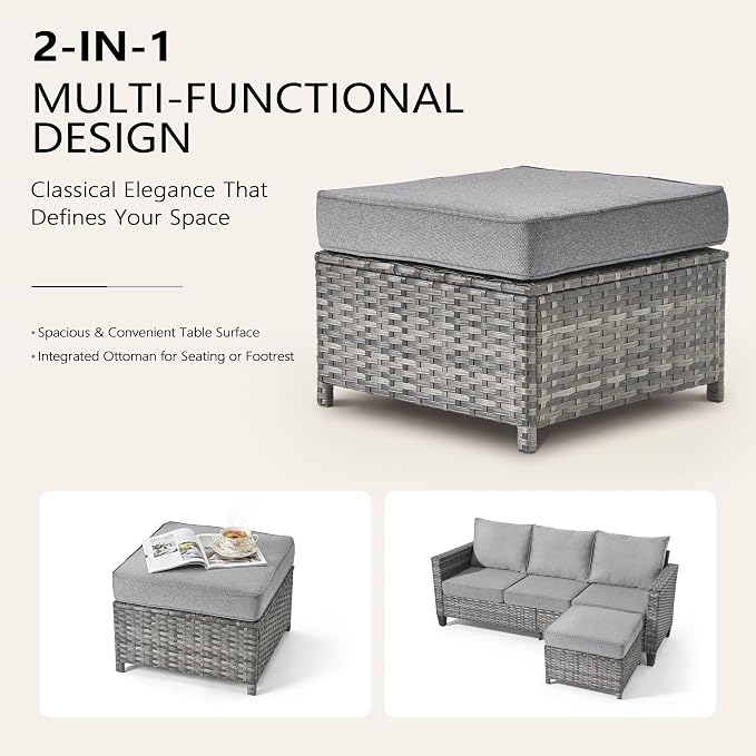 CAODOC 7-Piece Outdoor Wicker Patio Set with 7 Seats, Including 53" Fire Pit - Swivel Rocker Chairs and Conversation Set for Backyard or Lawn, Gray Rattan with Waterproof Dark Gray Cushions