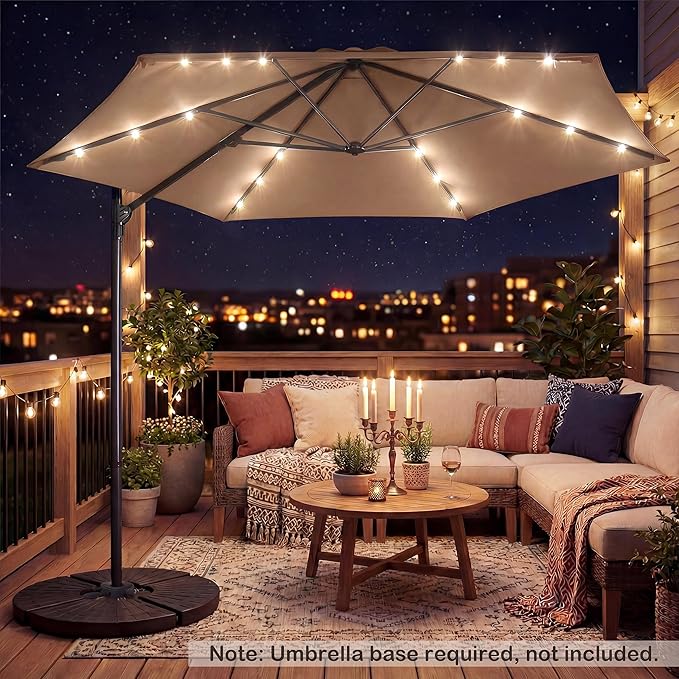 HAPPYGRILL 10 FT Patio Umbrella with Solar Lights, Outdoor Offset Cantilever Umbrella with White LED Lights, 360 Degree Rotation, Air Vent for Pool Deck Garden Backyard