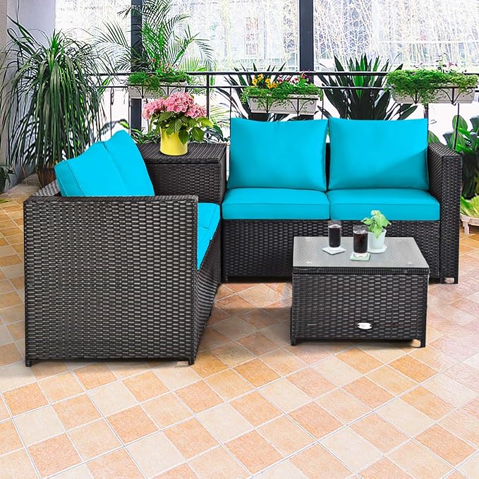 HAPPYGRILL 4-Piece Rattan Wicker Conversation Set Outdoor Patio Furniture Sofa Set with Storage Box & Tempered Glass Coffee Table for Backyard Garden Porch