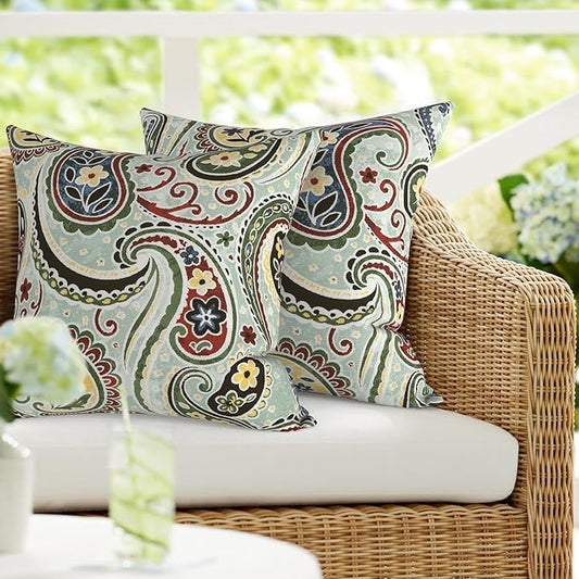DYTXIII Pack of 2 Waterproof Outdoor Pillow with Inserts, 18x18 Square Patio Decorative Throw Pillow for Home,Sofa,Bench and Patio Furniture,Paisley Lightcyan