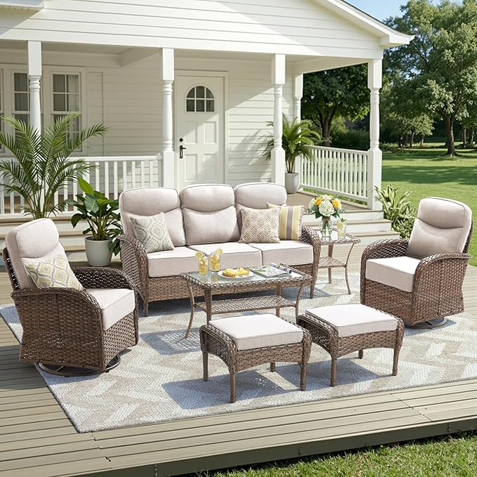 Luxury Outdoor Patio Furniture Set with 6-Inch Thick Cushions, 7 Pieces Wicker Outdoor Furniture with High Back Swivel Patio Chairs Set of 2, Outdoor Conversation Set for Deck Garden Porch, Beige
