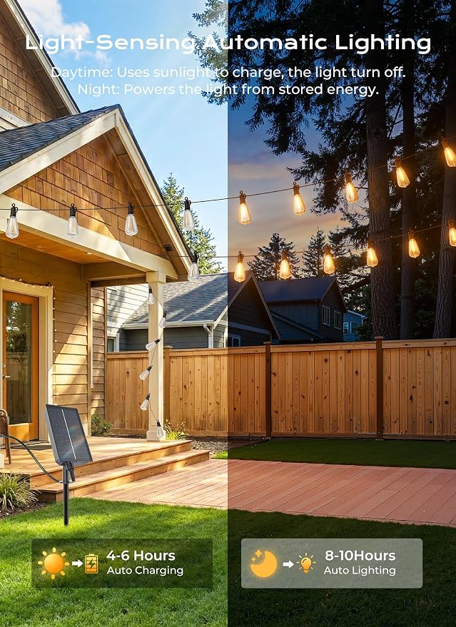 Brightown 58FT Solar String Lights Outdoor Waterproof, 26Hrs Runtime | 25+1 LED Bulbs, USB & Solar Powered, Remote Control & Dimmable Timer, Ideal for Backyard, Garden, Camping & Party Decor