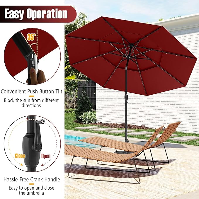 Tangkula 10 FT Solar LED Patio Umbrella, 3-Tier Vented Outdoor Market Table Umbrella with 32 LED Lights, Tilt Adjustment, Crank Handle, 8 Ribs for Backyard Pool Deck (Wine)