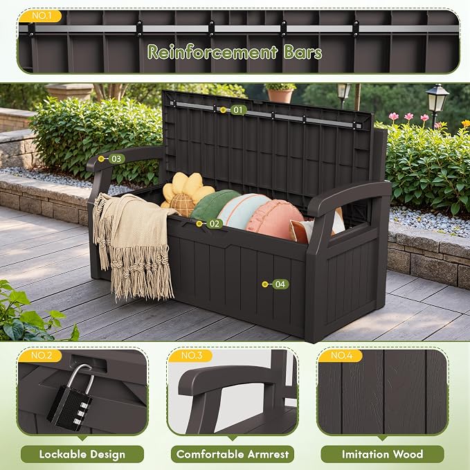 Greesum 80 Gallon Storage Bench Outdoor Deck Box with Armrest, Patio Furniture,Lockable, Waterproof and UV Resistant, Suitable for Garden, Pool, Brown