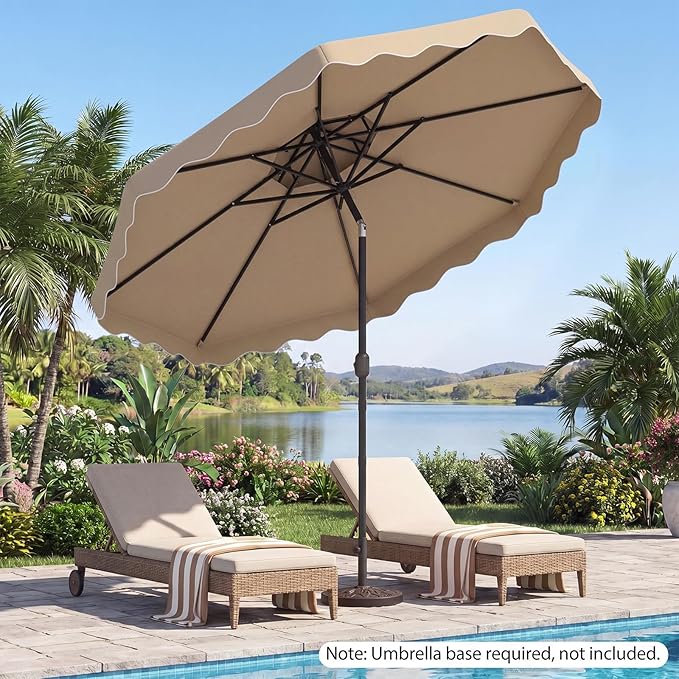 Happygrill 10 FT Patio Umbrella, Scalloped Outdoor Table Market Umbrella with Push Button Tilt & Crank, 2-Tier Vented Top, Heavy-Duty 8 Metal Ribs, Sun-Protective Canopy, Ruffle for Deck Pool Garden (Beige)